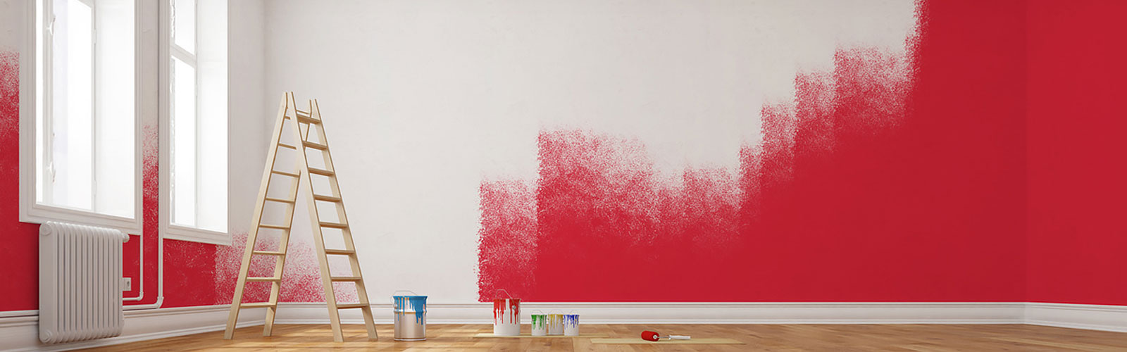 Malermeister - Theo Schorn | Raum, rote Wandfarbe, Leiter